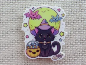 Black Witch Cat with a Bucket of Fish and a Couple of Bats Flying in the Moon Needle Minder, Cover Minder, Magnet