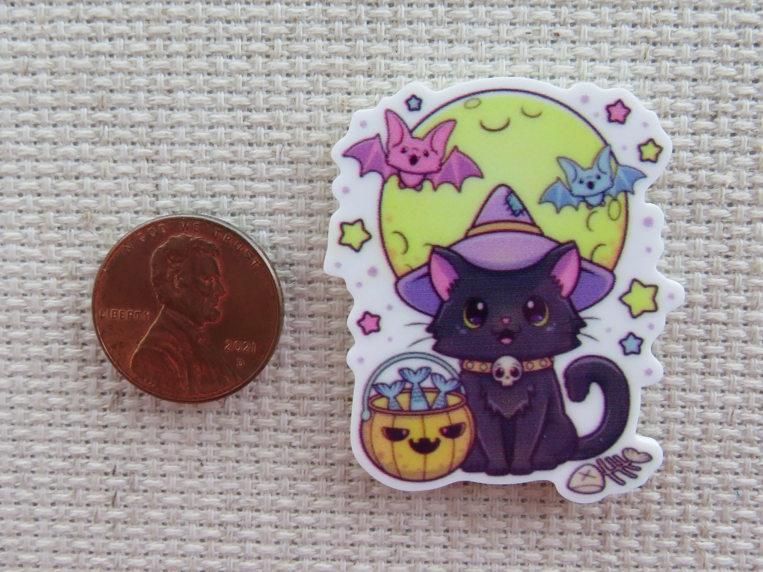 Black Witch Cat with a Bucket of Fish and a Couple of Bats Flying in the Moon Needle Minder, Cover Minder, Magnet