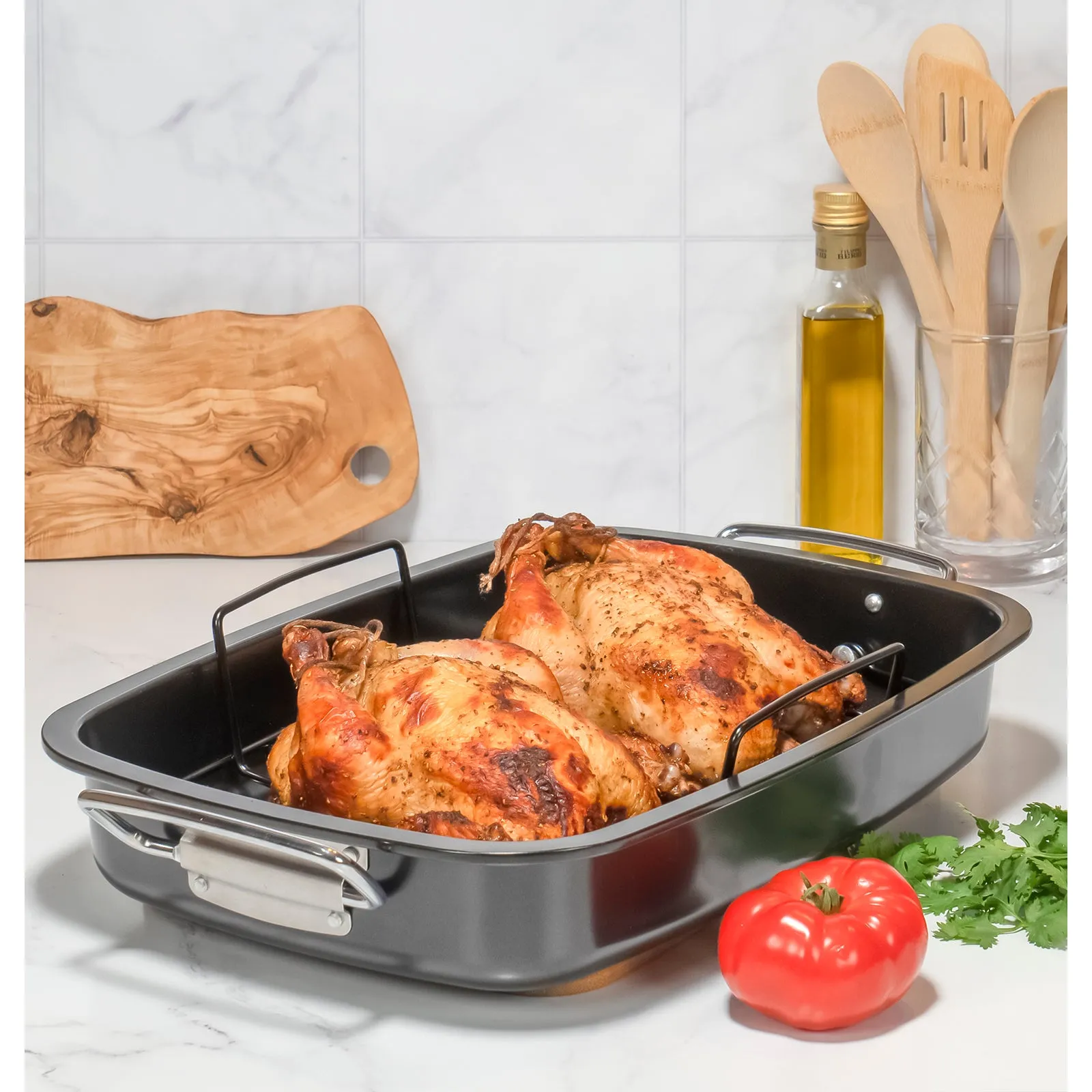 Red Co. Rectangular Black Deep Roasting Pan with Floating Detachable Rack and Chrome Handles - 17.5" x 12.5" x 2.75"