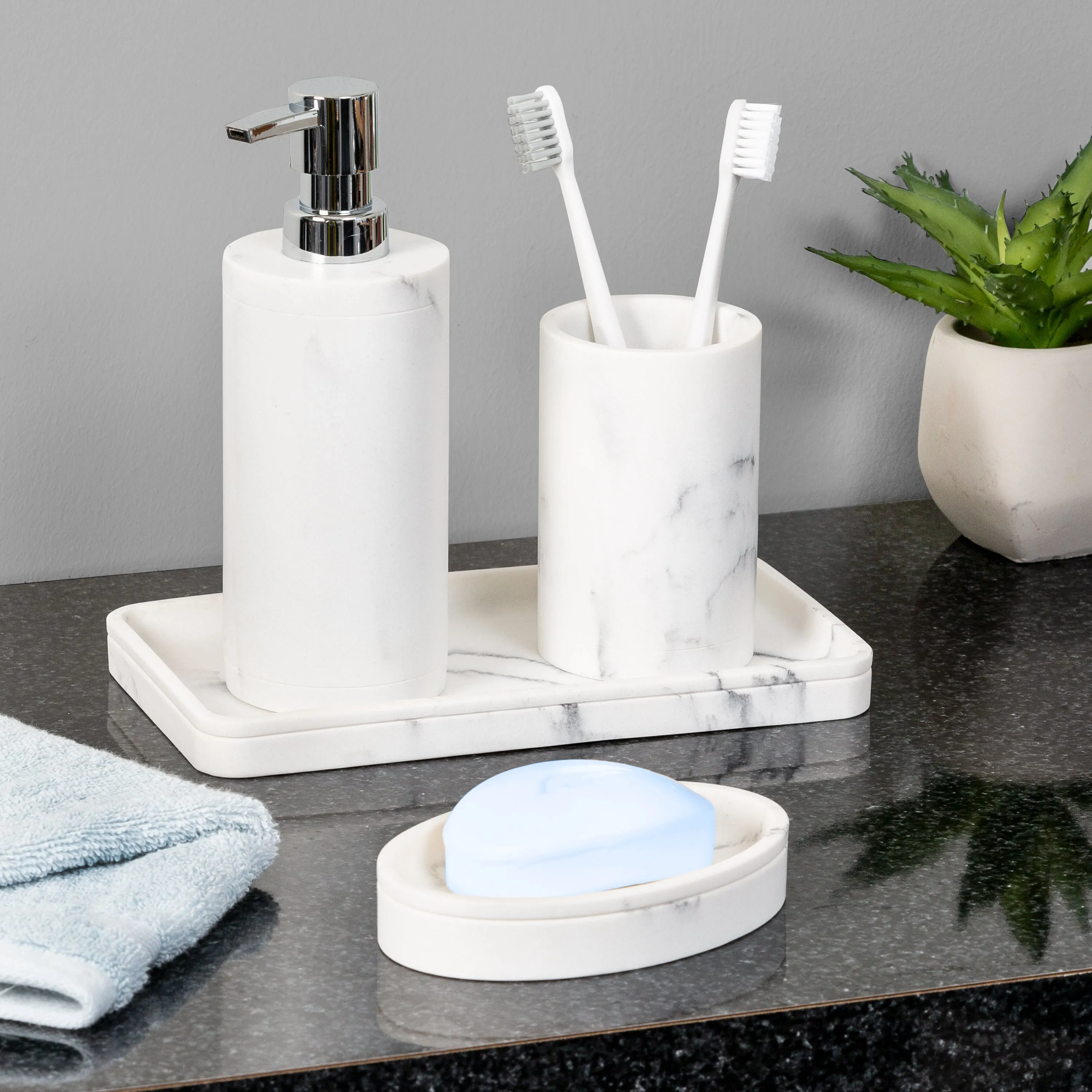 White Faux Marble Bath Accessory Set (4-Piece)